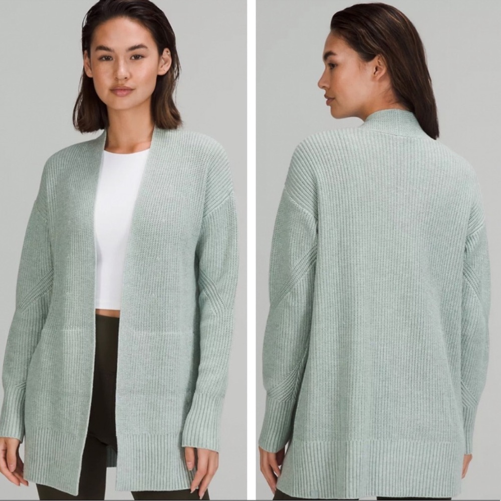 Lululemon Cashlu Sweater Wrap Cardigan Size Medium Large Heathered Silver Blue